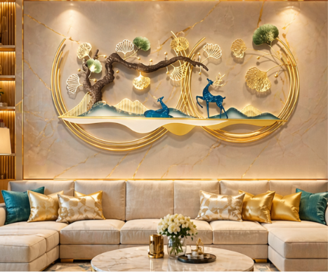 Luxury Scenic Deer & Tree Metal Wall Art – Modern 3D Landscape Wall Décor in Gold & Blue