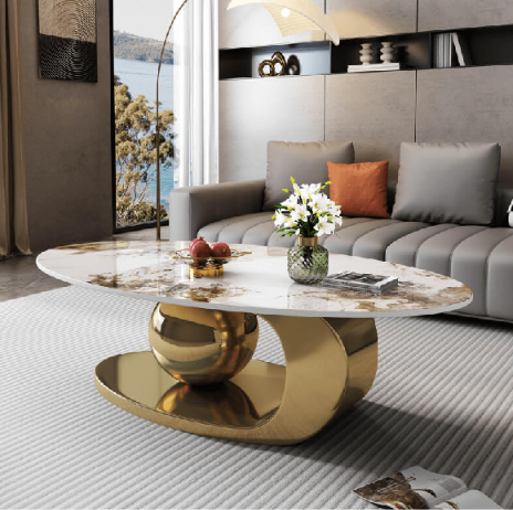 Premium Oval Marble Top Center Table Set with Stainless Steel PVD Base – Luxury Coffee Table with Side Table