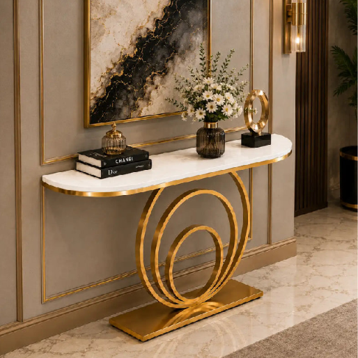 Royal Gold Circular Elegance Console Table with Marble Top