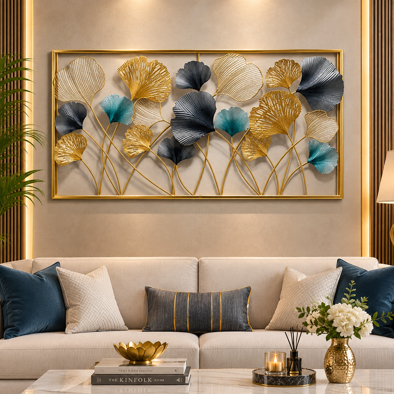 Luxe Botanical Bloom Metal Wall Art – Gold Framed 3D Floral Leaf Artwork