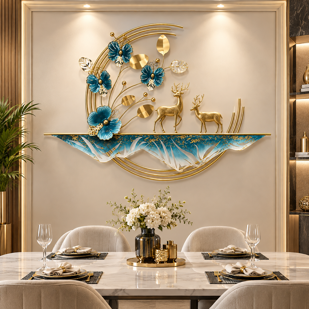 Royal Blue & Gold Floral Deer 3D Wall Art