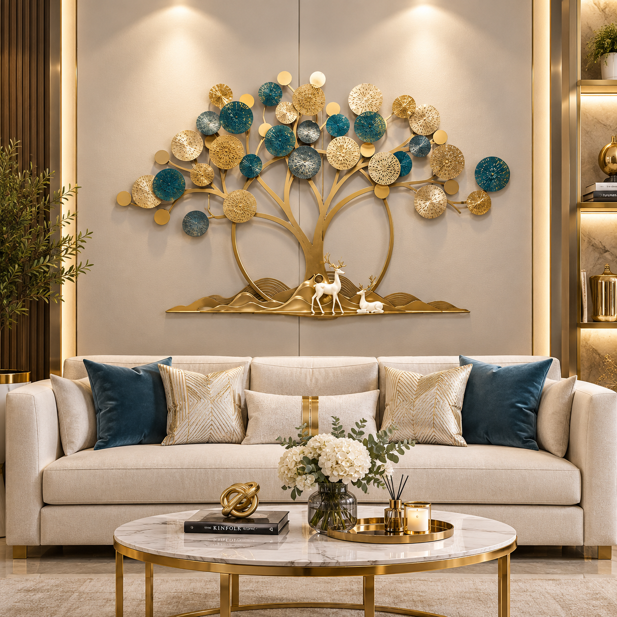 Luxury Golden Tree of Life 3D Wall Art with Deer & Floral Accents