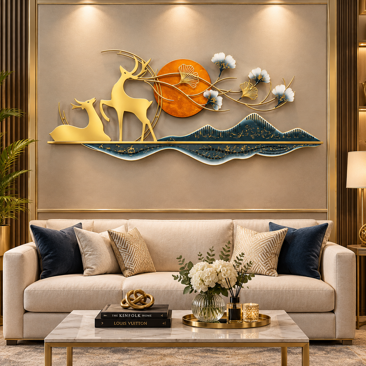 Luxury Golden Deer & Floral Landscape 3D Metal Wall Art – Elegant Statement Décor