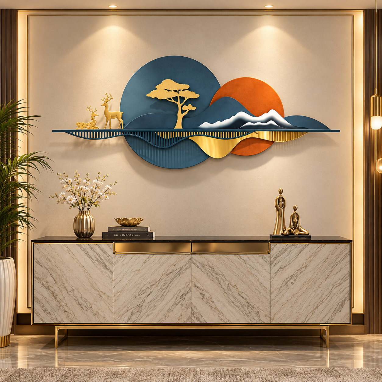 Golden Serenity Landscape Wall Art – Luxury 3D Metal Décor