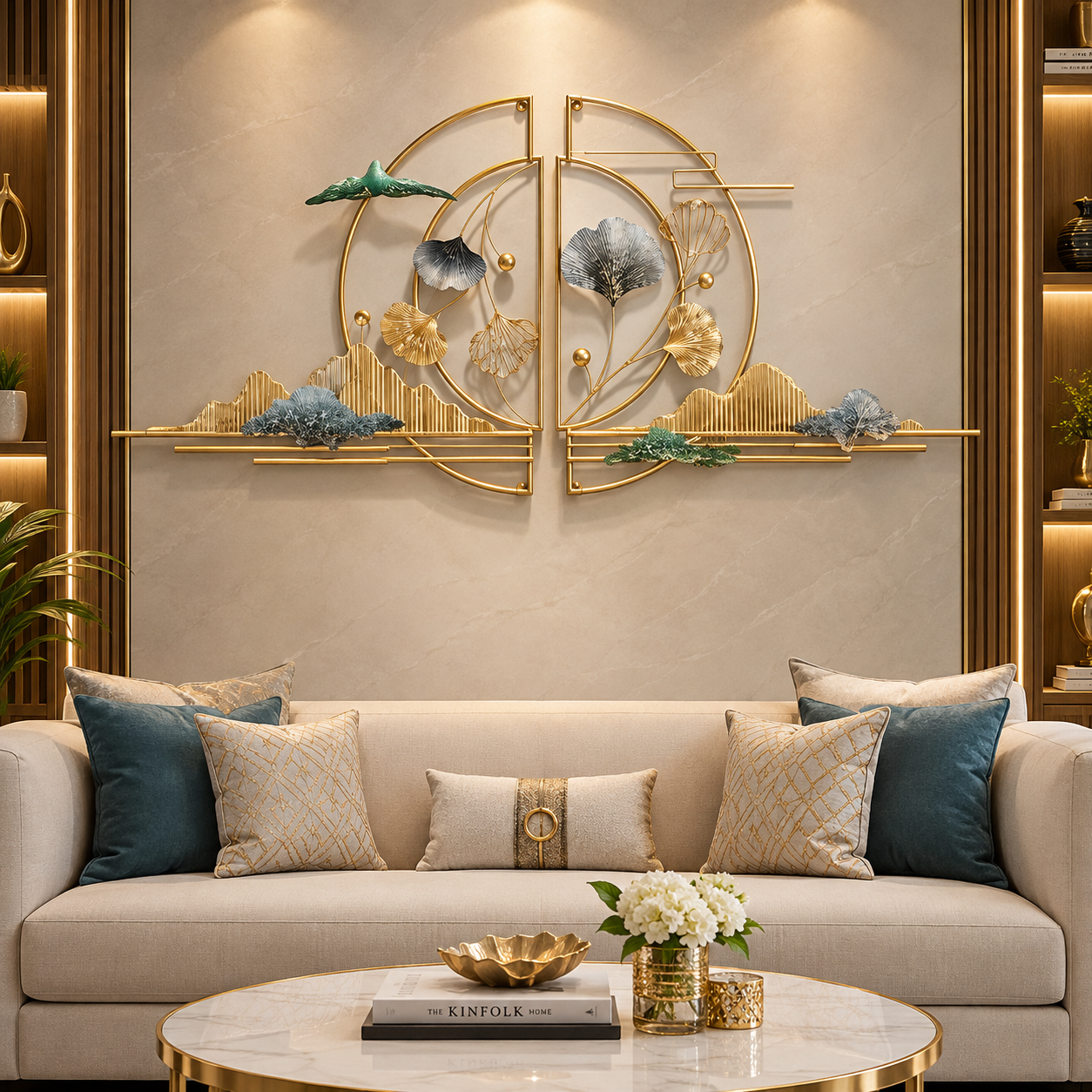 Luxe Botanical Harmony Metal Wall Art – Gold Framed 3D Nature-Inspired Decorative Artwork