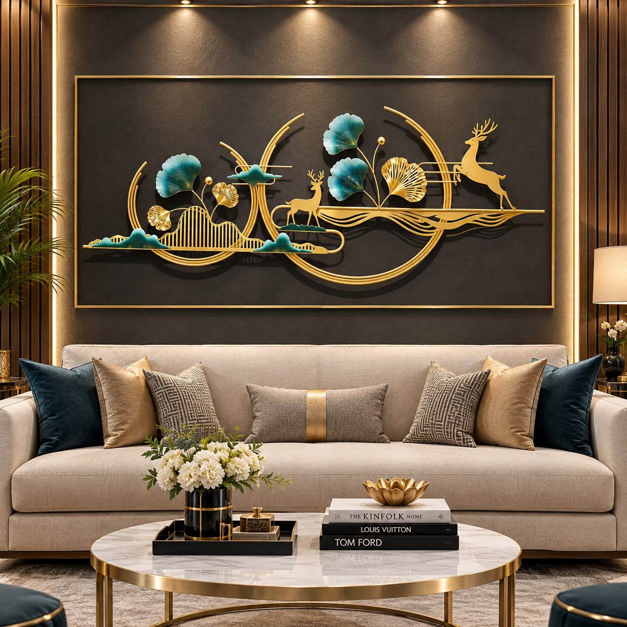 Luxe Golden Deer & Botanical Metal Wall Art – Teal & Gold Contemporary Nature Artwork