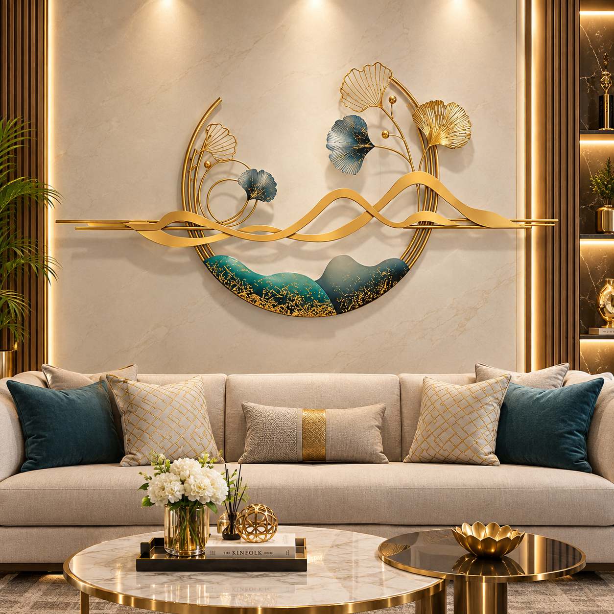 Luxe Ginkgo Wave Metal Wall Art – Gold & Teal Botanical Sculptural Wall Décor