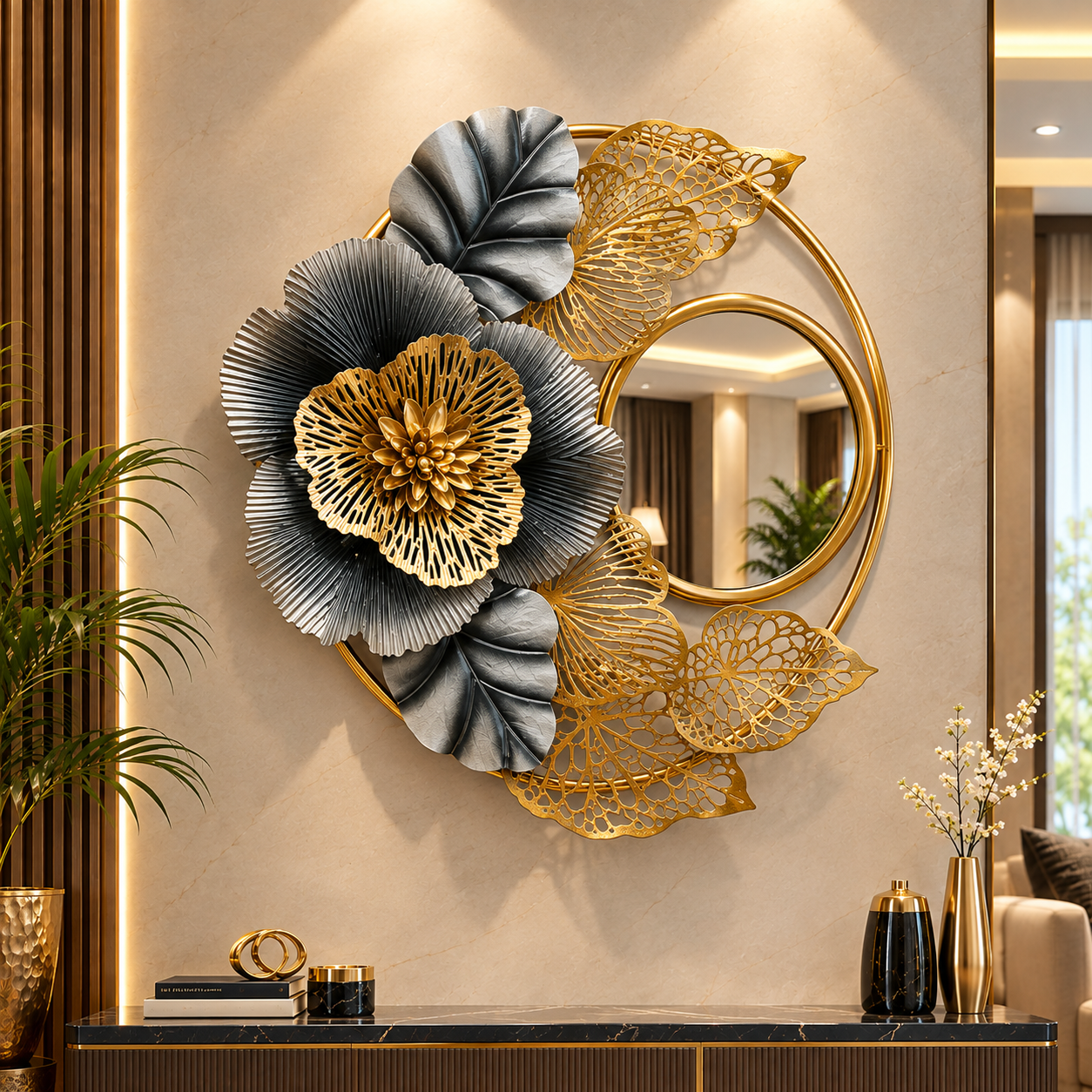 Luxe Floral Mirror Wall Art – Premium 3D Metal Décor