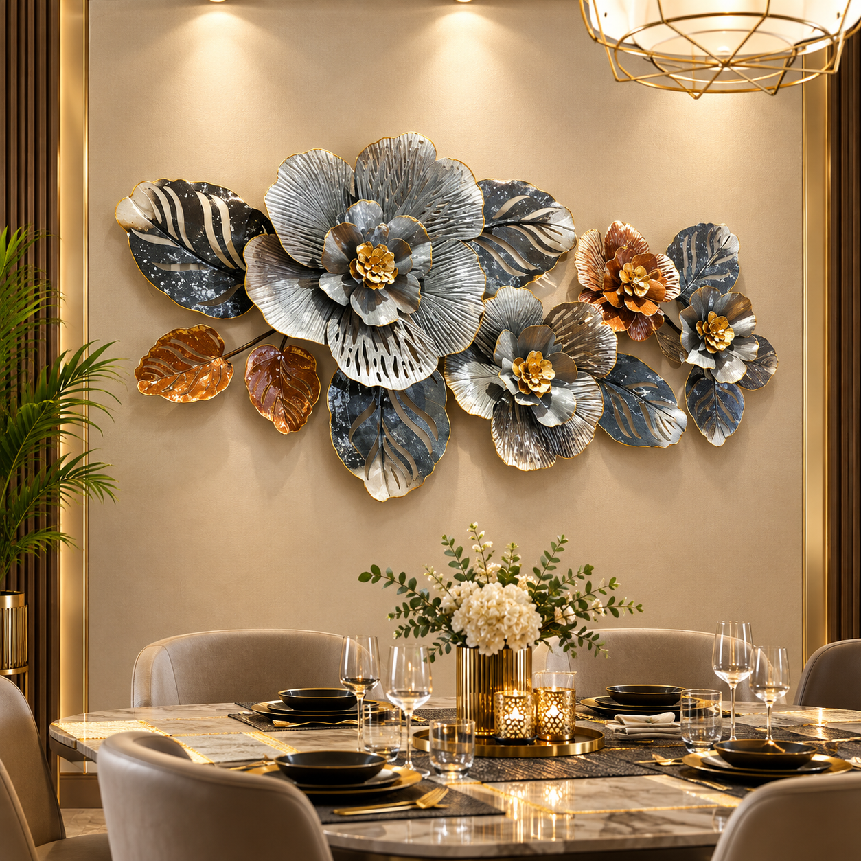 Luxury 3D Metallic Floral Wall Art – Elegant Golden & Blue Flower Statement Décor