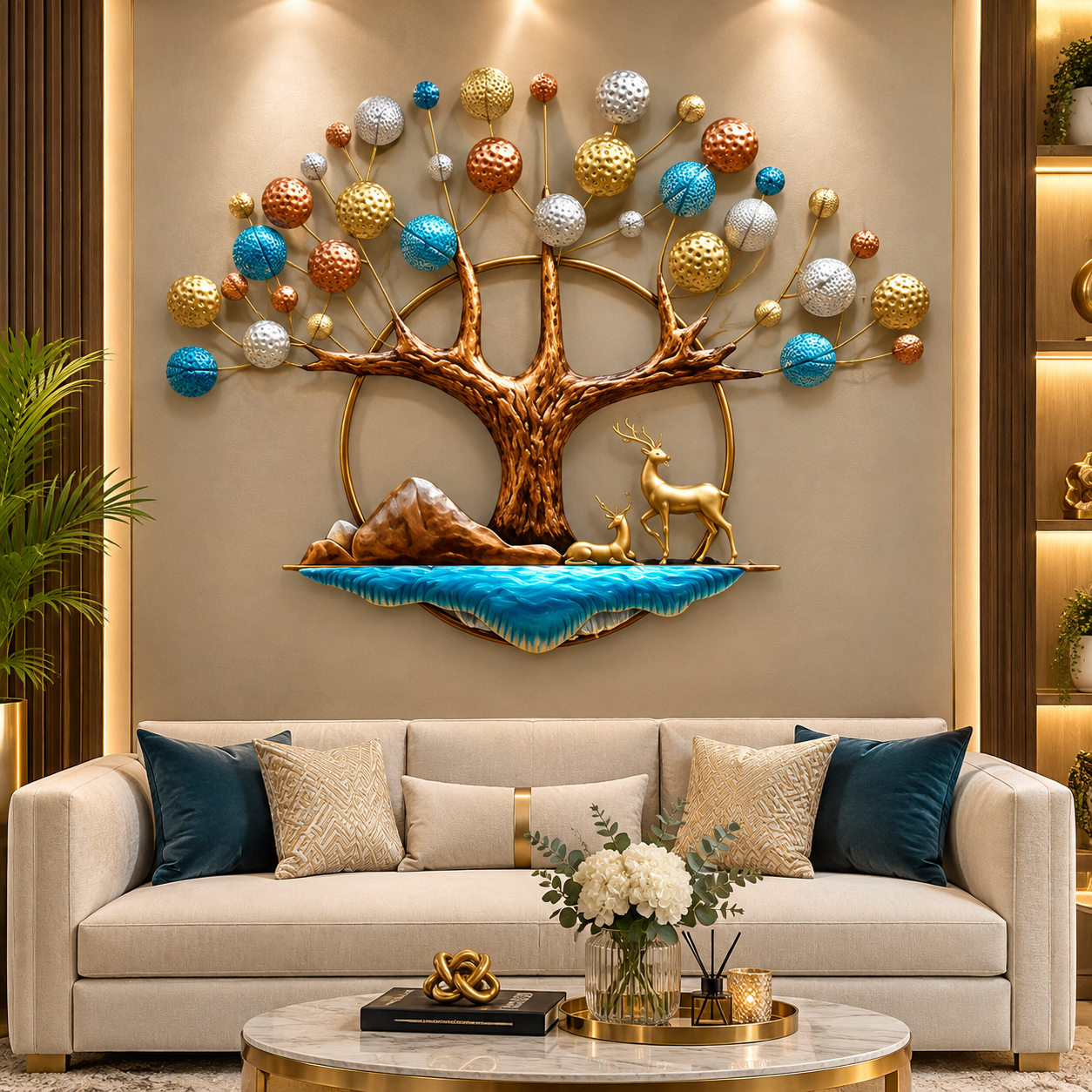 Premium 3D Tree of Life Wall Art – Multicolor Metallic Tree with Golden Deer & Artistic Water Design