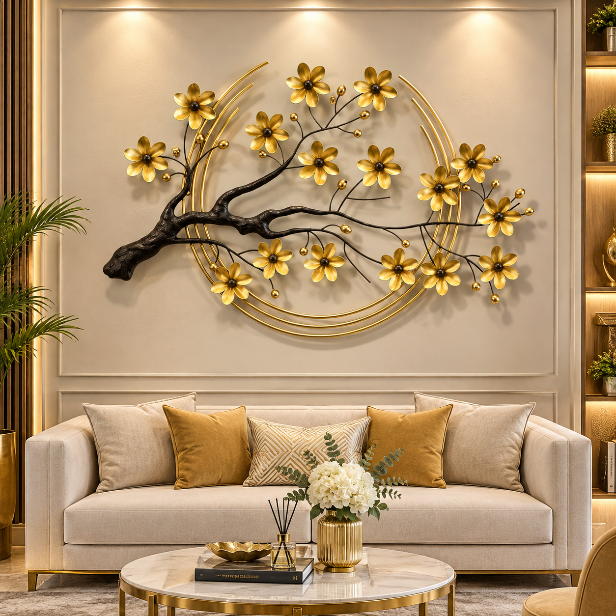 Luxury Golden Blossom Tree Wall Art – Elegant 3D Floral Branch Metal Décor