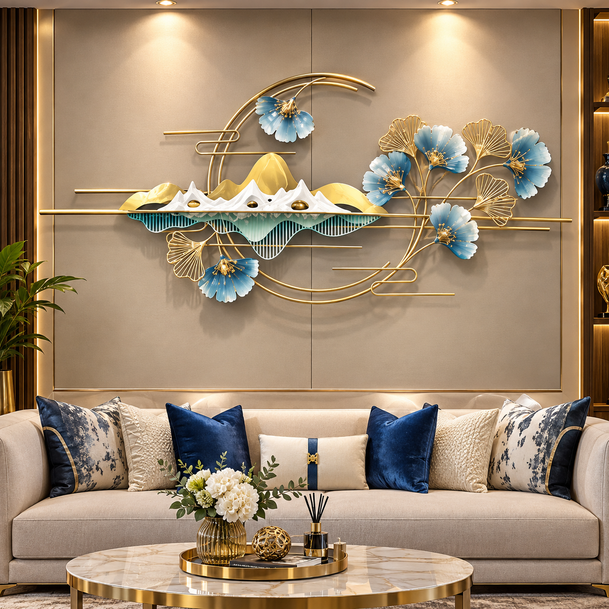 Luxury Blue Floral 3D Wall Art – Golden Abstract Blossom & Mountain Metal Wall Décor