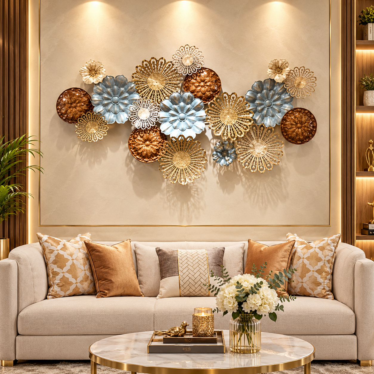 Luxury 3D Floral Metal Wall Art – Elegant Gold, Blue & Bronze Flower Décor