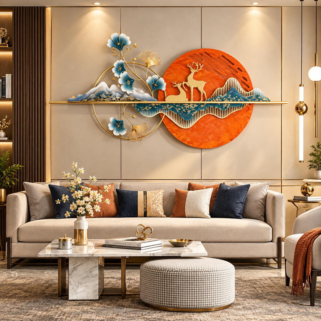 Luxury Deer & Mountain 3D Wall Art – Blue Floral Sunset Metal Décor