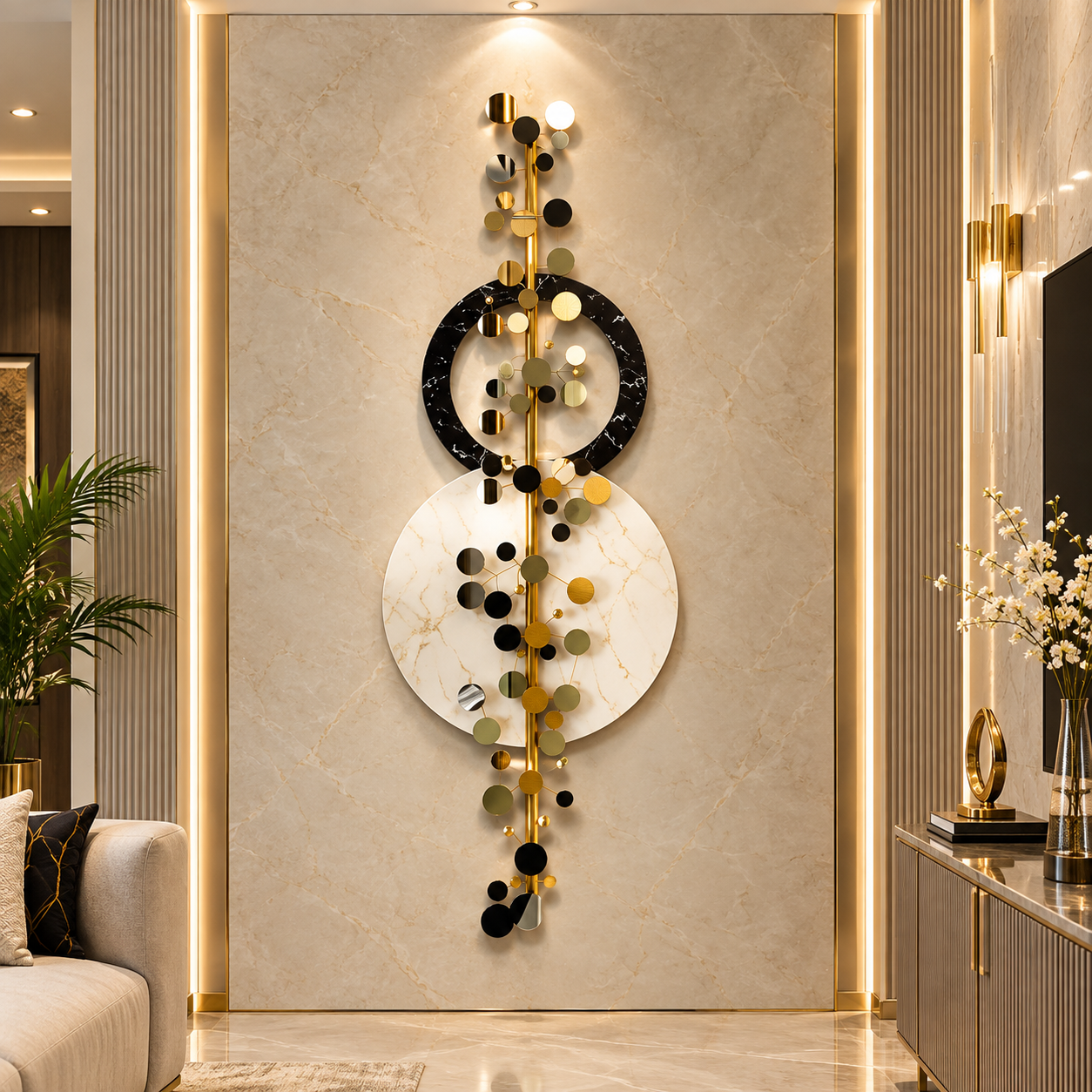 Luxury Abstract Circle Wall Art – Black, Gold & White 3D Geometric Metal Décor