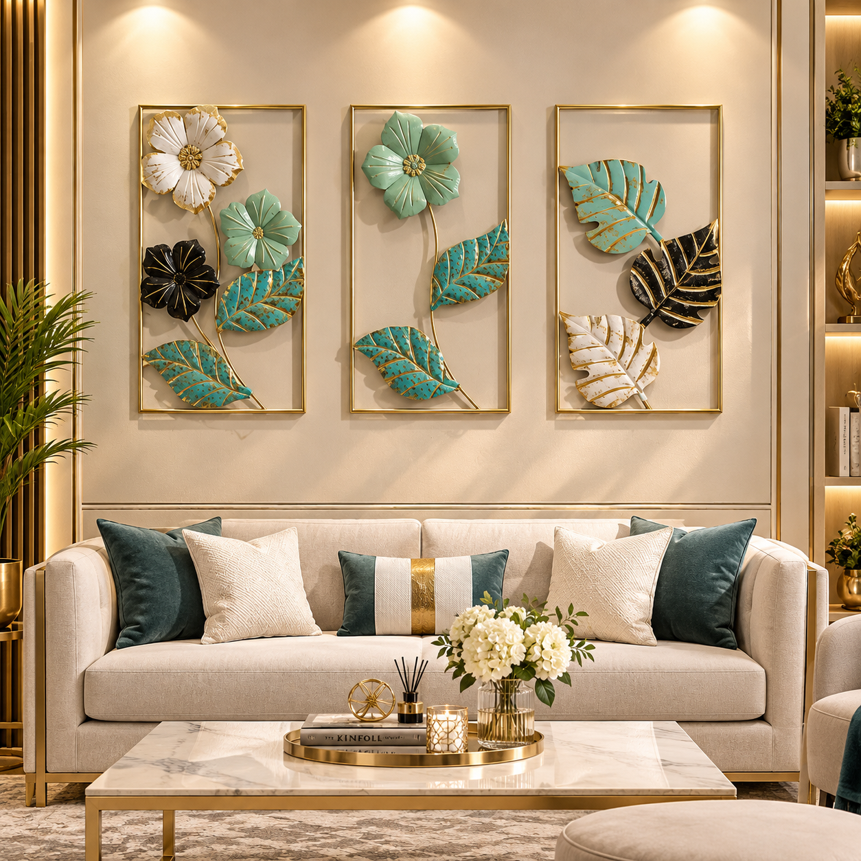 Luxe 3D Botanical Wall Art – Teal, Gold & Black Floral Leaf Décor