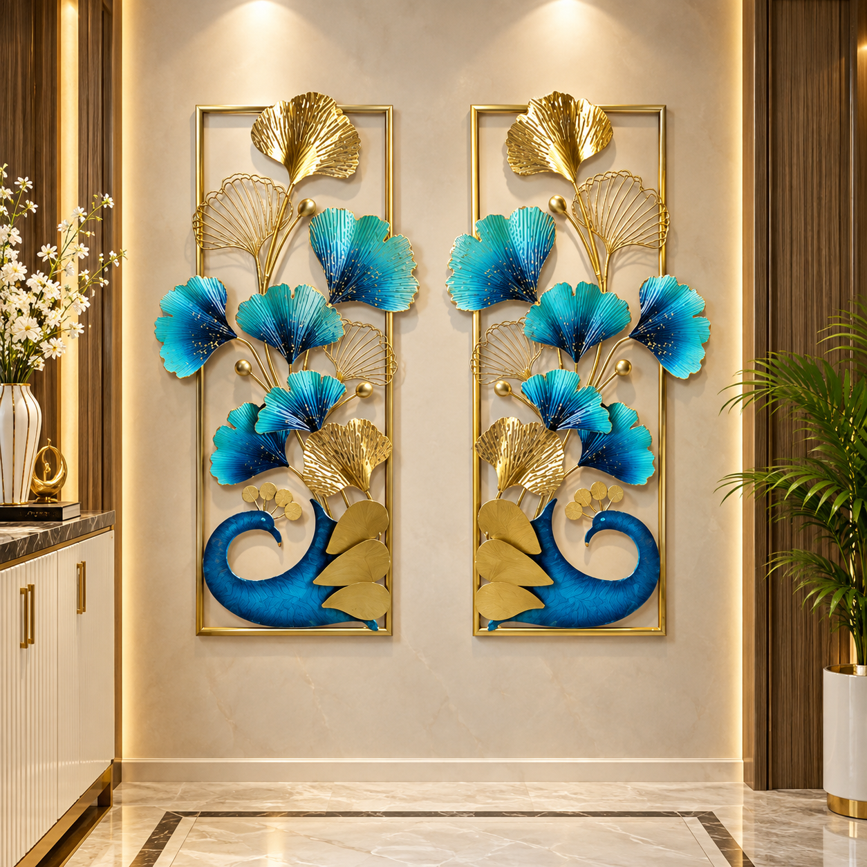 Luxury Blue Peacock & Floral 3D Wall Art – Gold Framed Decorative Metal Décor
