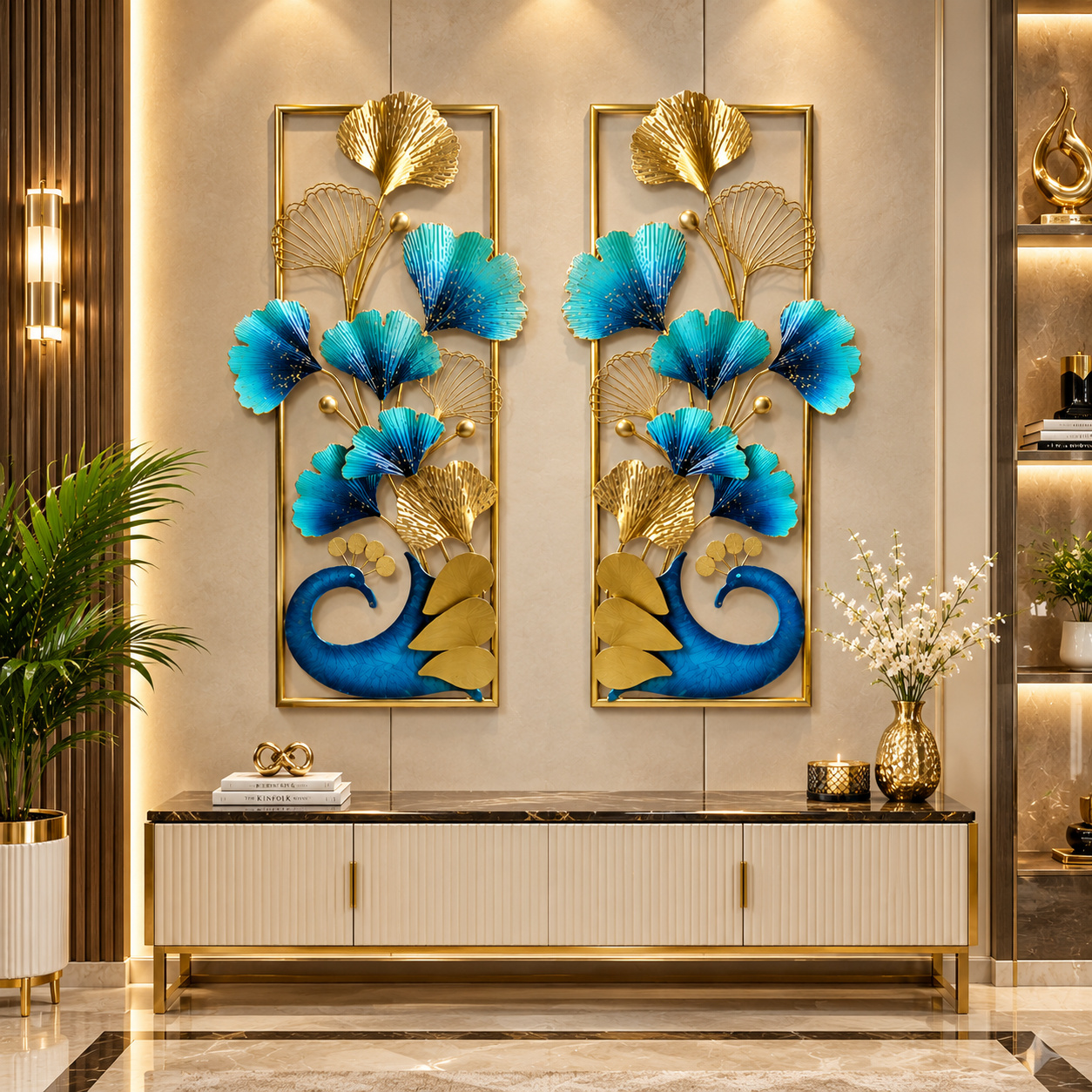 Luxury Blue Peacock & Floral 3D Wall Art – Gold Framed Decorative Metal Décor