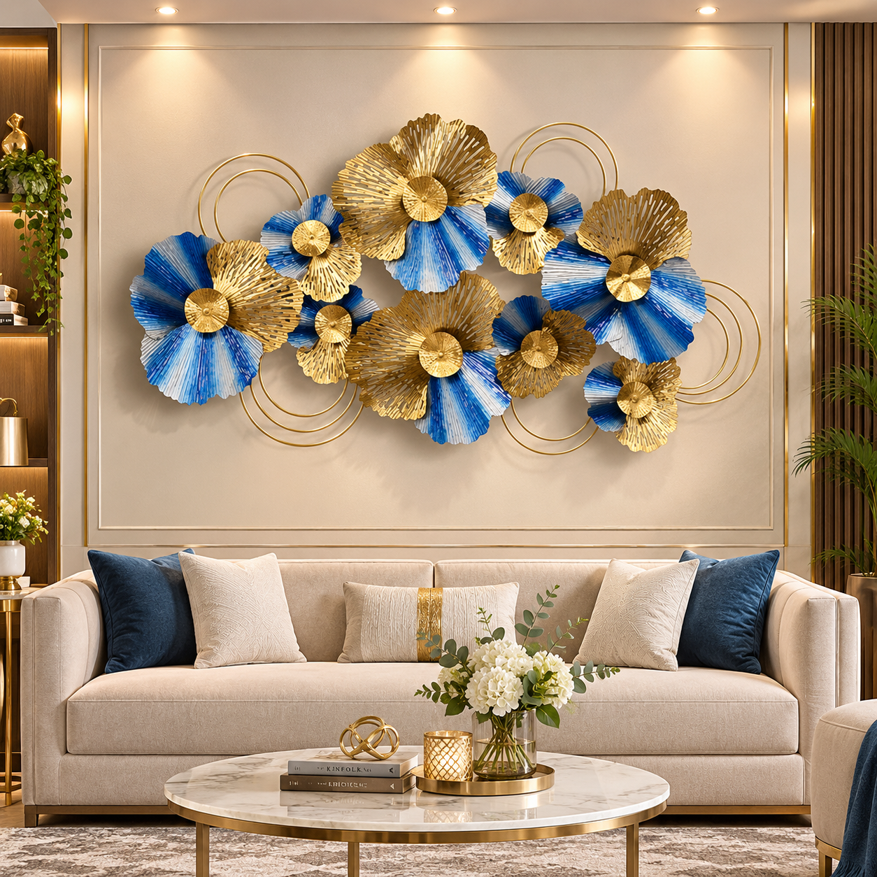 Premium Blue & Gold Floral Metal Wall Art – Elegant 3D Botanical Statement Décor