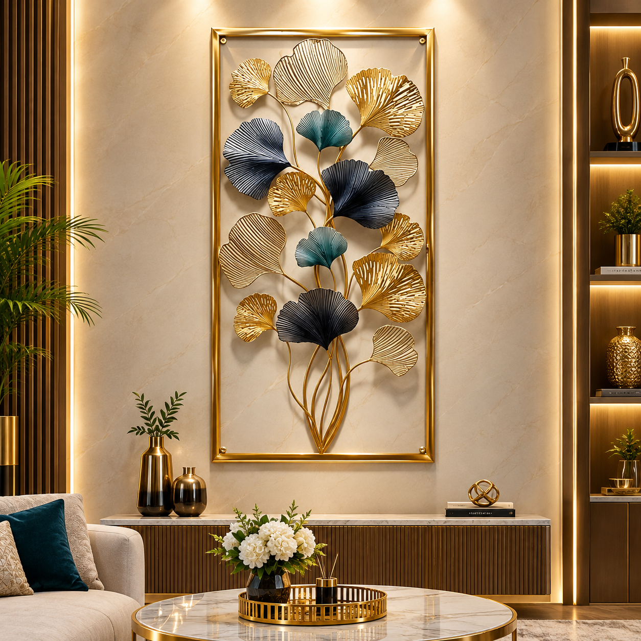 Luxe Ginkgo Botanical Metal Wall Art – Gold Framed 3D Floral Leaf Statement Décor