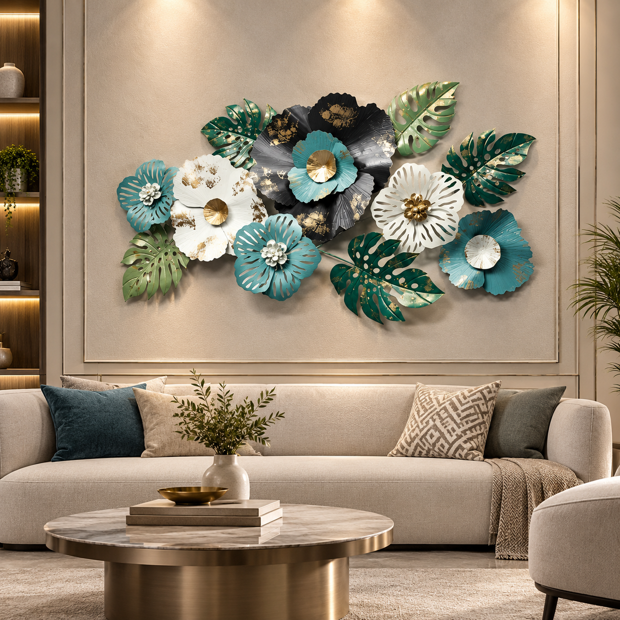 Luxe Tropical Bloom Metal Wall Art – Teal, White & Emerald Botanical Floral Statement Décor
