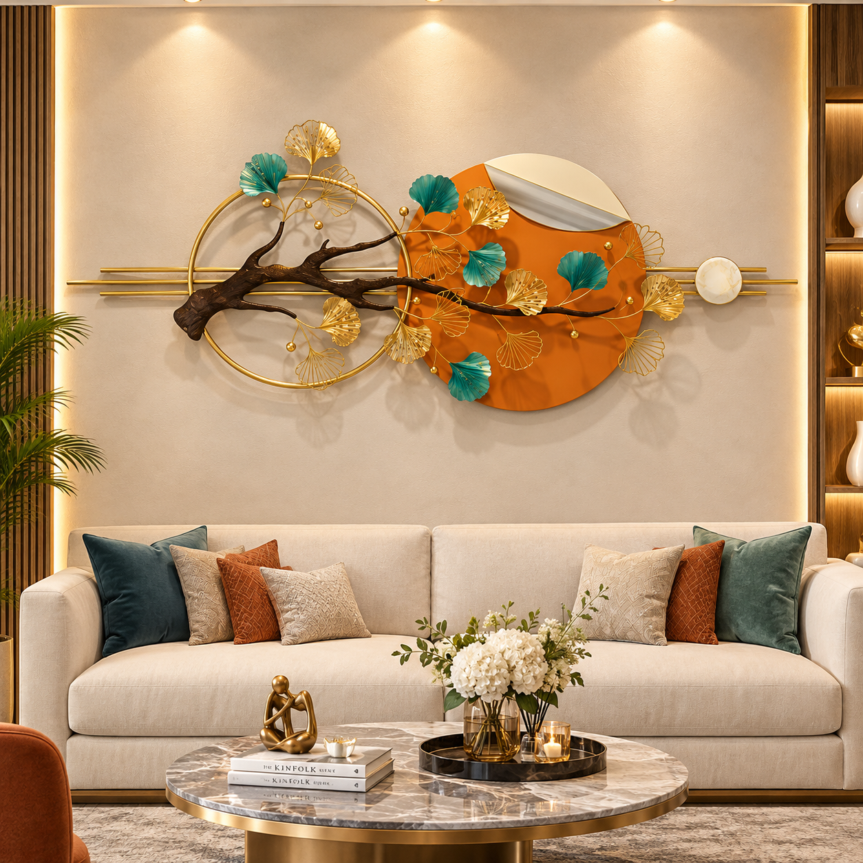 Luxury Orange & Teal Nature-Inspired 3D Wall Art – Gold Branch & Floral Statement Décor
