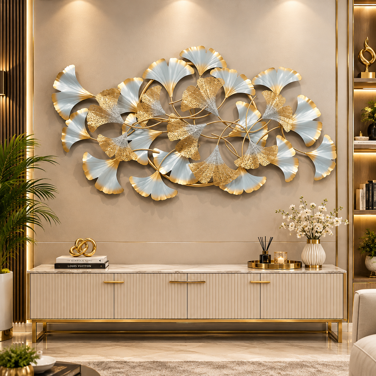 Luxury Ginkgo Leaf 3D Metal Wall Art – Silver, Gold & Champagne Botanical Décor