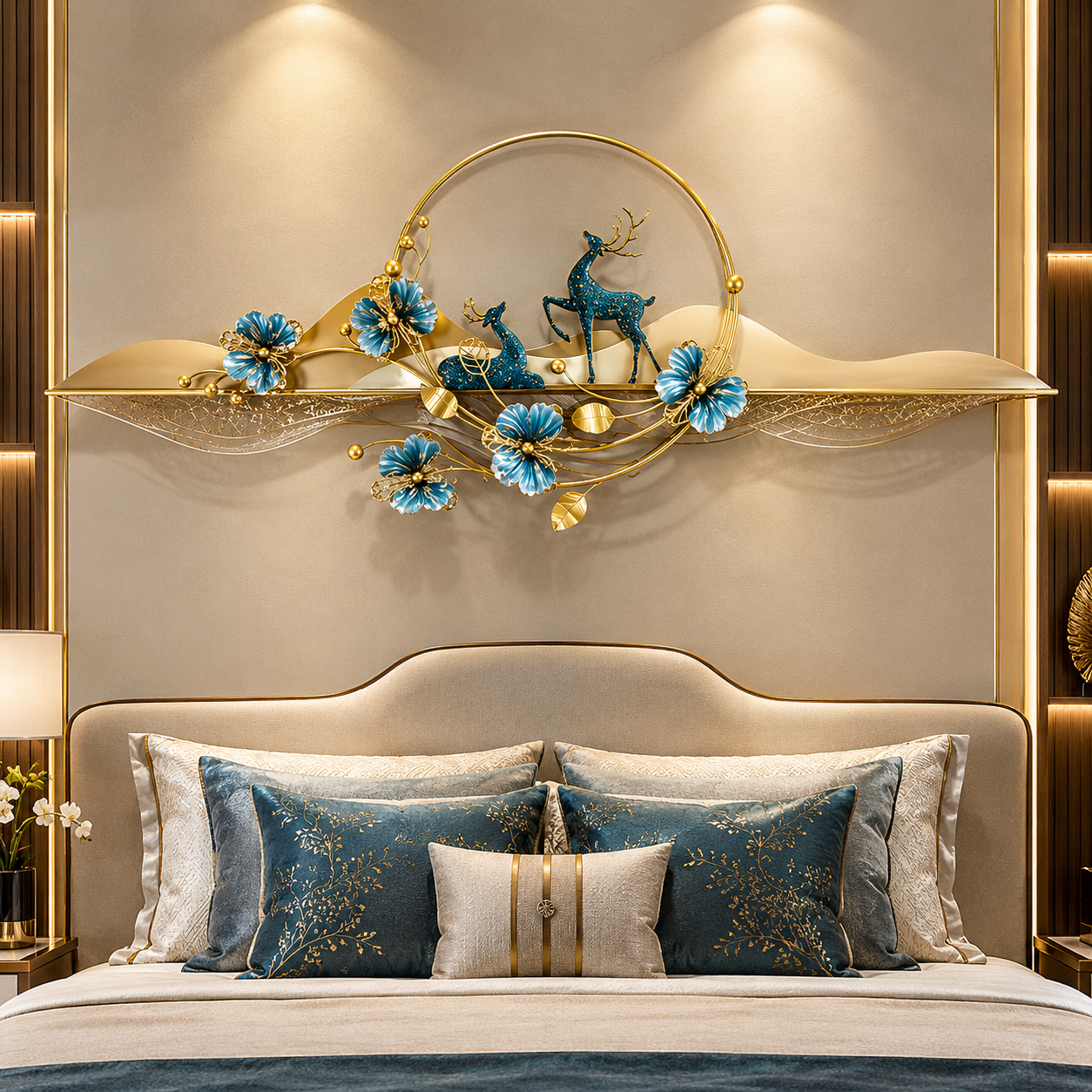 Luxe Golden Deer & Floral Wave Metal Wall Art – Teal & Gold Nature-Inspired Statement Décor