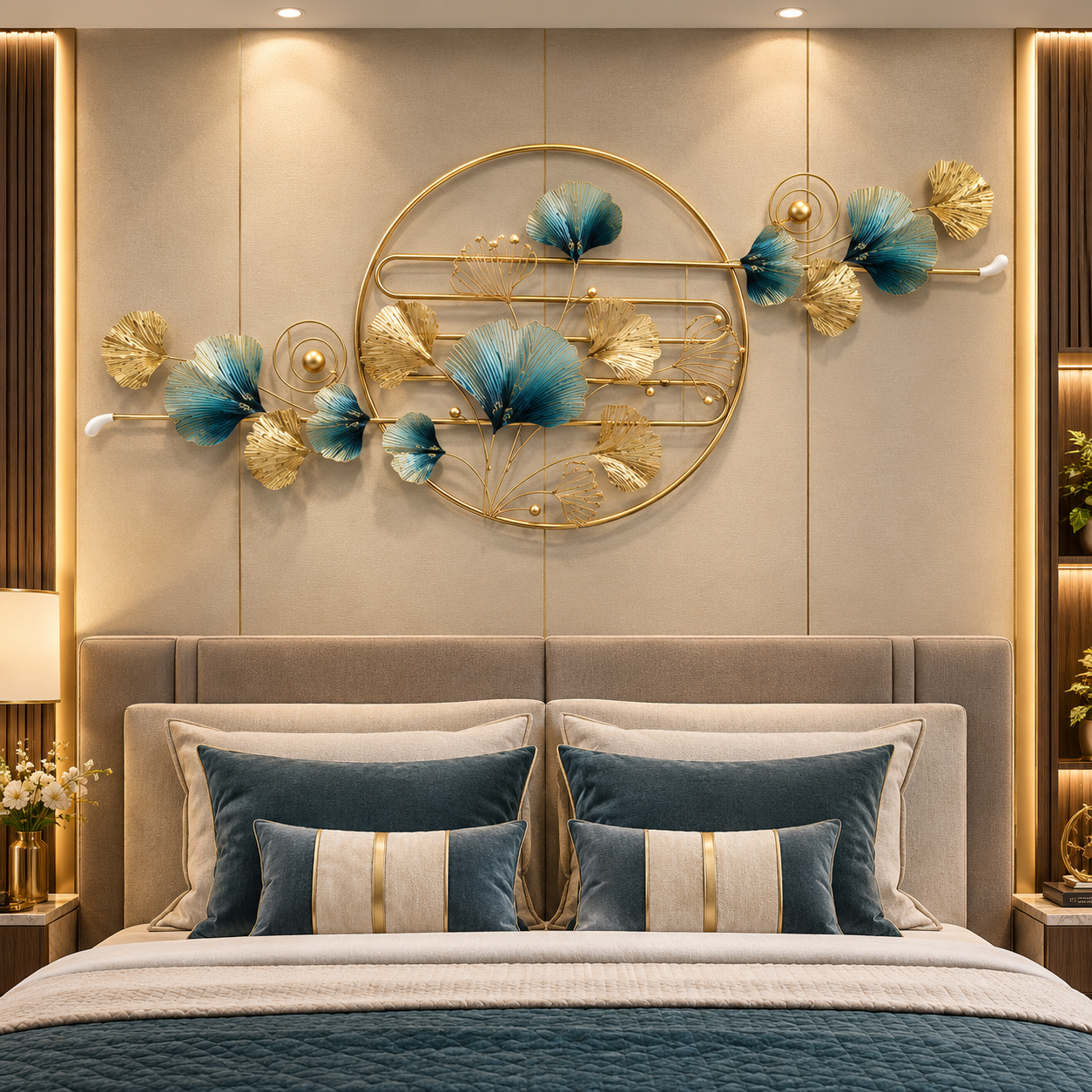 Luxe Teal & Gold Botanical Circle Metal Wall Art – Modern Floral Statement Décor