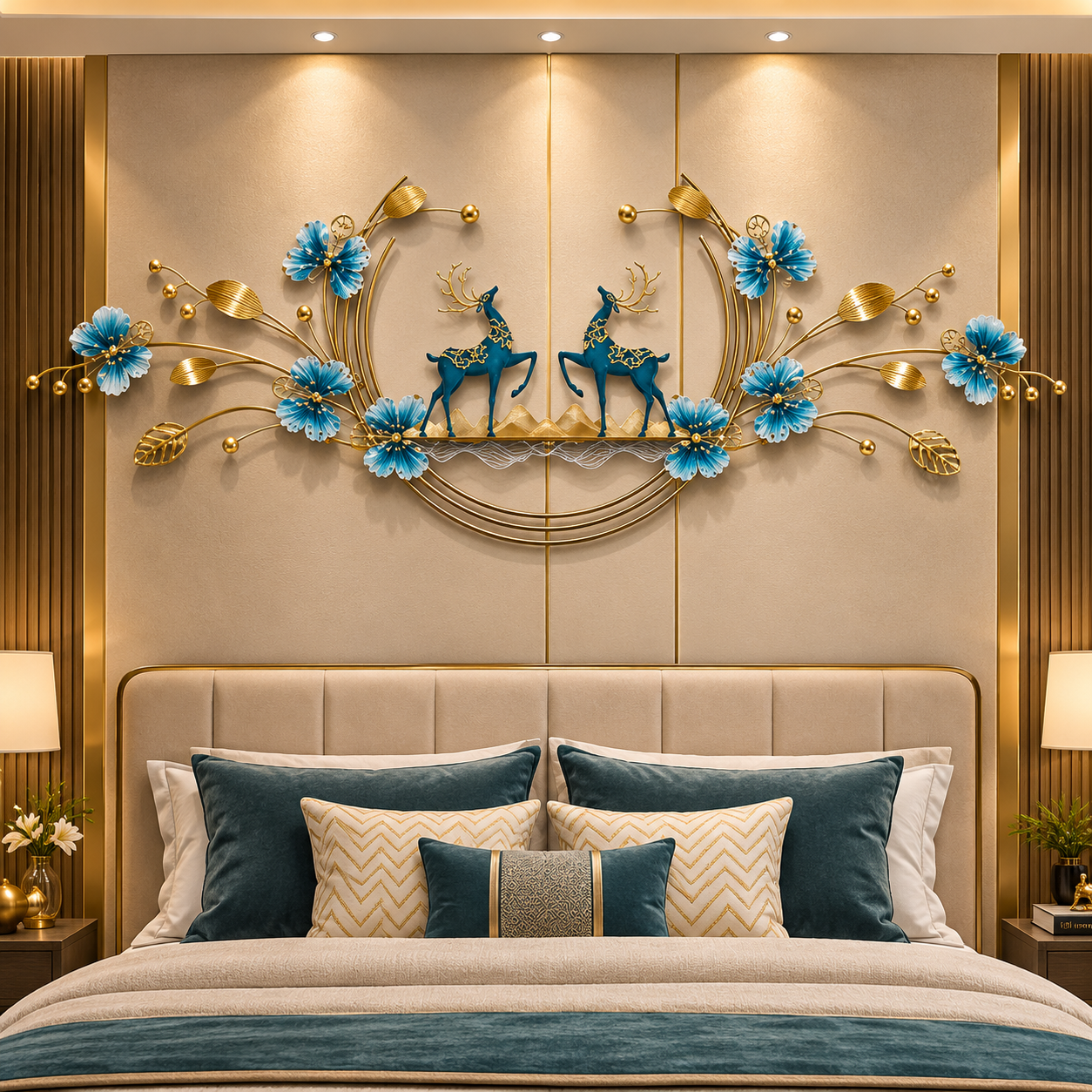 Premium Golden Deer & Floral Wave Metal Wall Art – Nature-Inspired Statement Décor