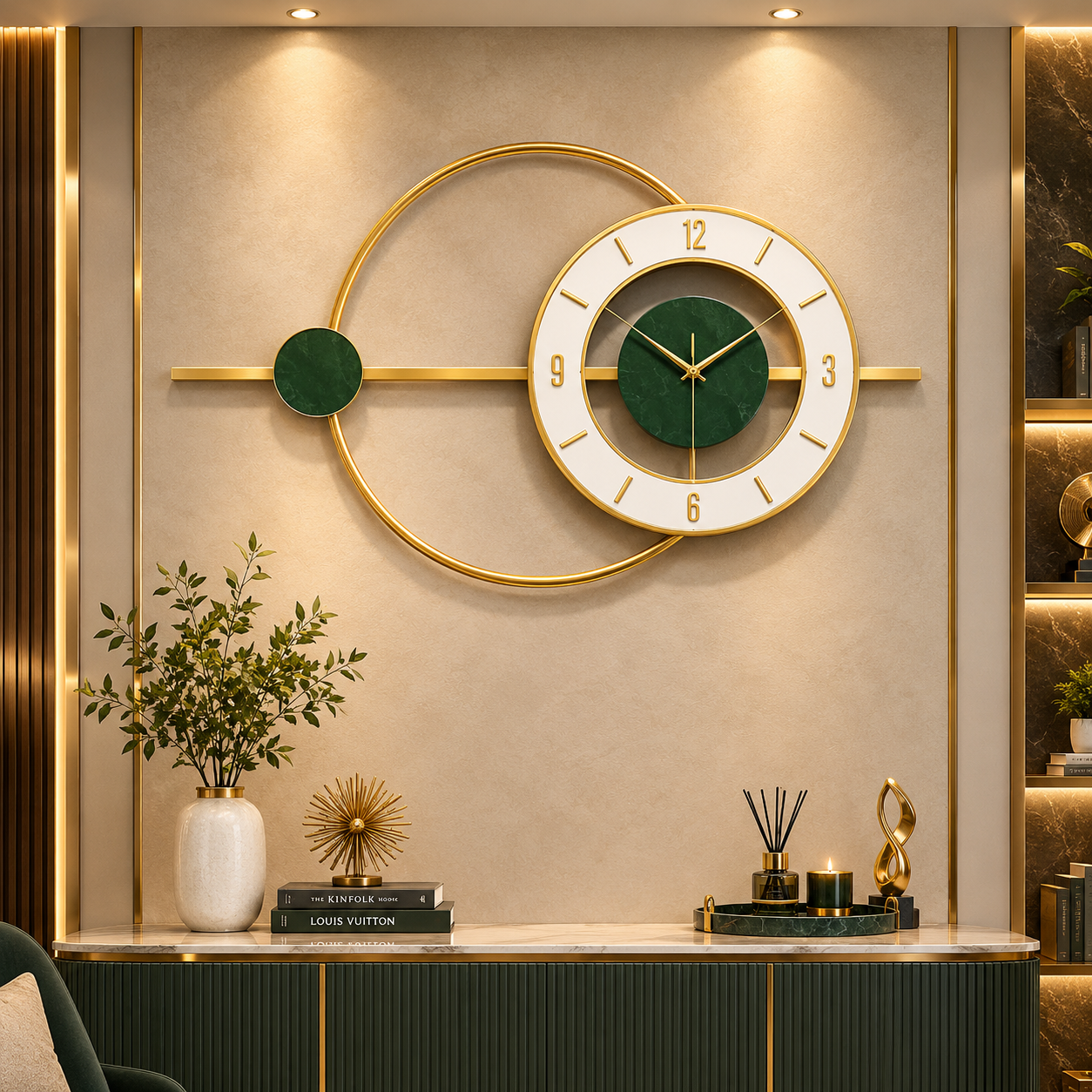 Luxe Emerald & Gold Modern Wall Clock – Contemporary Geometric Statement Clock for Luxury Interiors