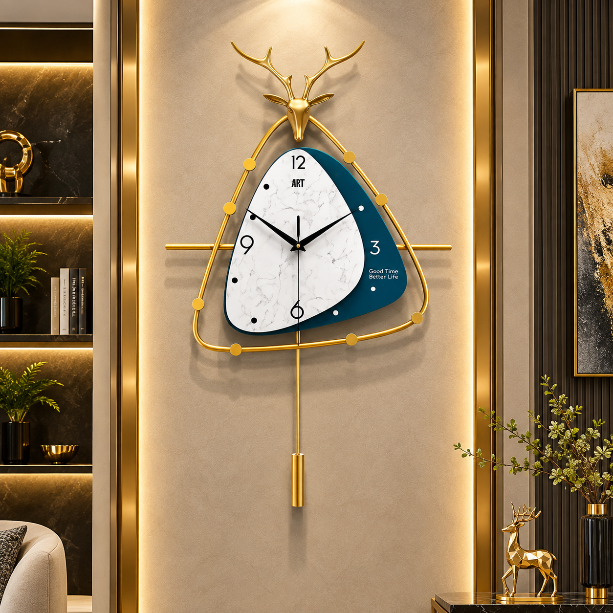 Luxe Emerald & Gold Antler Designer Wall Clock – Sculptural Deer-Inspired Statement Décor
