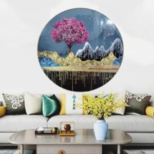 Mystic Blossom: Pink Tree & Golden Mountains Round Wall Art