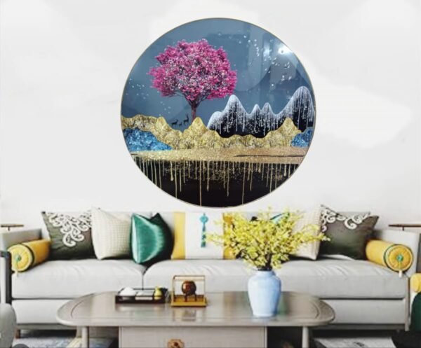 Mystic Blossom: Pink Tree & Golden Mountains Round Wall Art