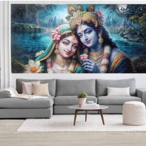 Divine Love : Radha Krishna Embellished Wall Art with Temple Background